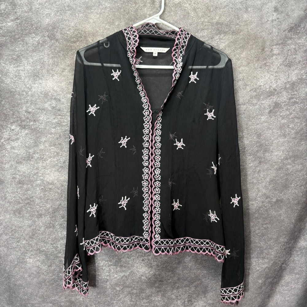 Y2K Max Studio Black Pink 100% Silk Embroidered Sheer Blouse Size M Whimsigoth